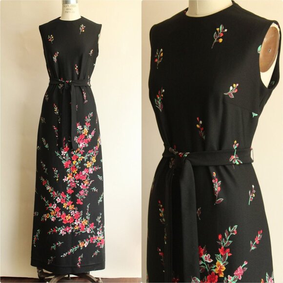 Vintage Dresses & Skirts - Vintage 1970s Dress, Lady Carol Black Floral Print Maxidress, Cottage Core, Folk